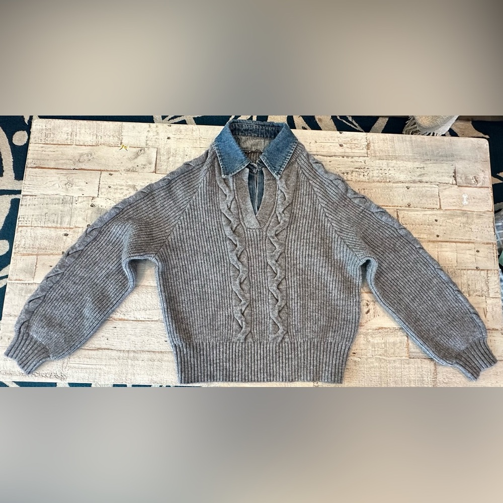 Commense Denim Panel Ribbed Lapel Patchwork Long … - image 5